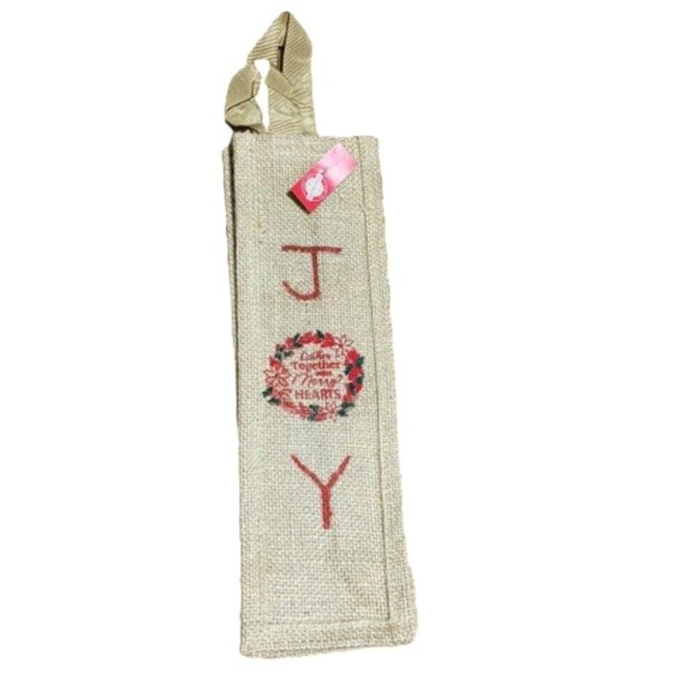 Burlap Wine Bottle Bag Hand-Painted Christmas Holiday JOY 4 inches Tall